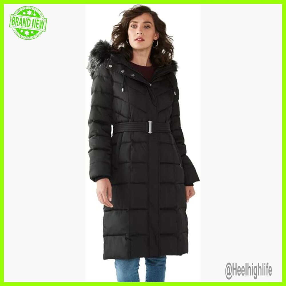Long Belted Faux Fur Trim Hooded Maxi Puffer Coat with Zipper Pockets